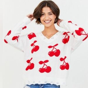 Altar’d State Cherry Fuzzy Distressed Sweater